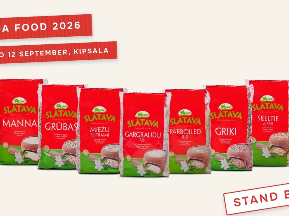 SLĀTAVA product range with a red tape reading Riga Food 2026 and a stamp reading Stand B40