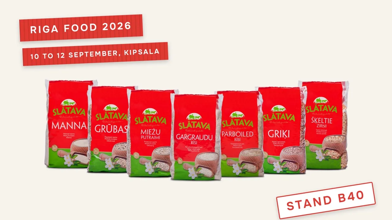 SLĀTAVA product range with a red tape reading Riga Food 2026 and a stamp reading Stand B40