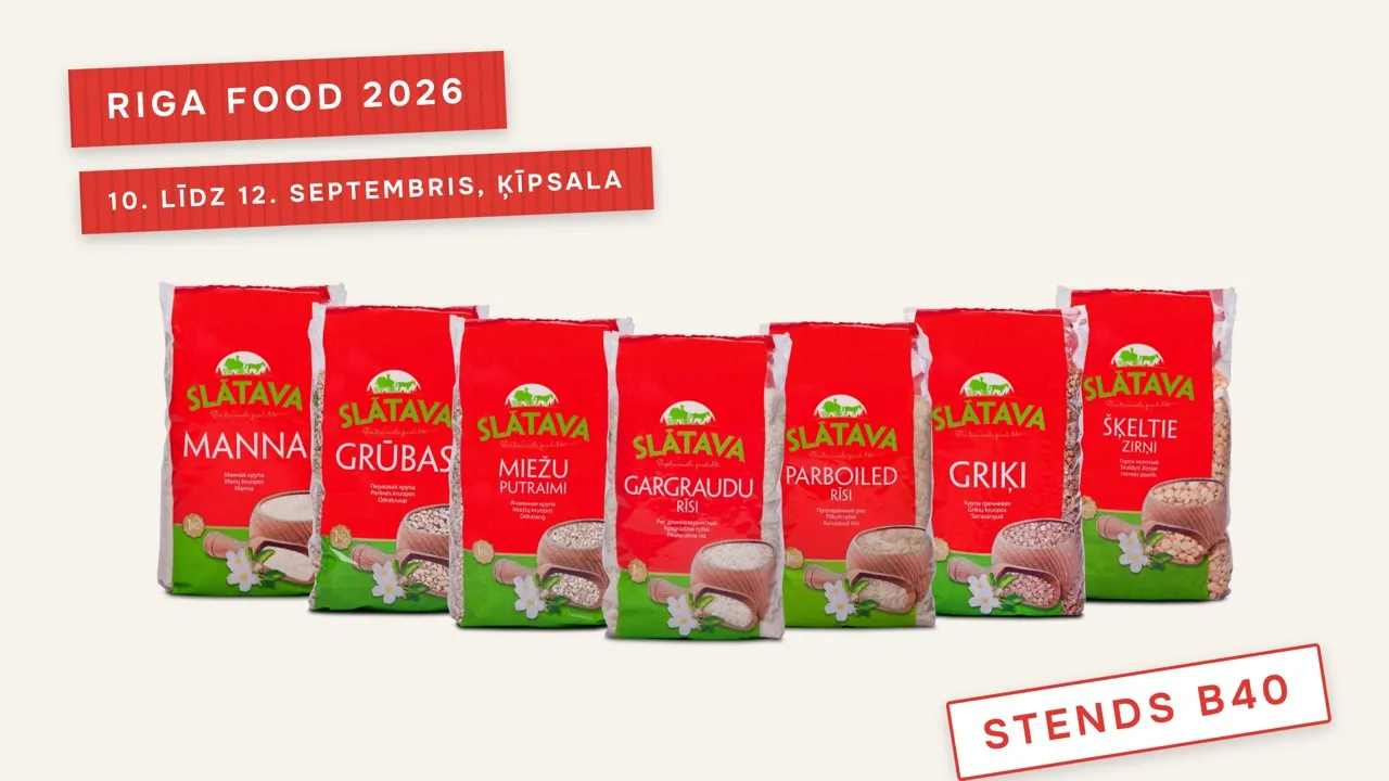 SLĀTAVA produktu rinda ar sarkanu lenti Riga Food 2026 un zīmogu Stends B40