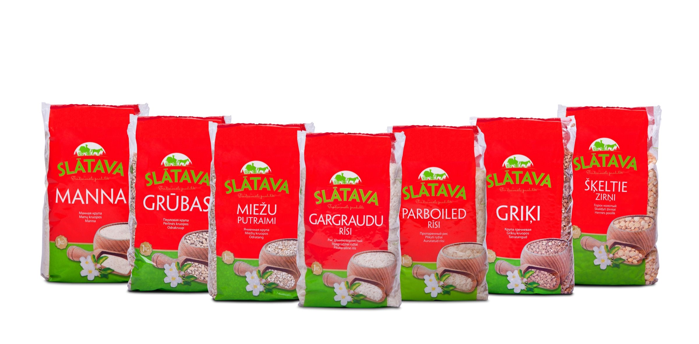 A row of SLĀTAVA grain and groat packs